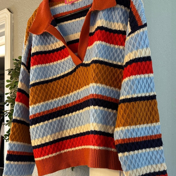 THML Women's V-Neck Sweater - Orange, Blue, Red Stripes - Picture 2 of 4